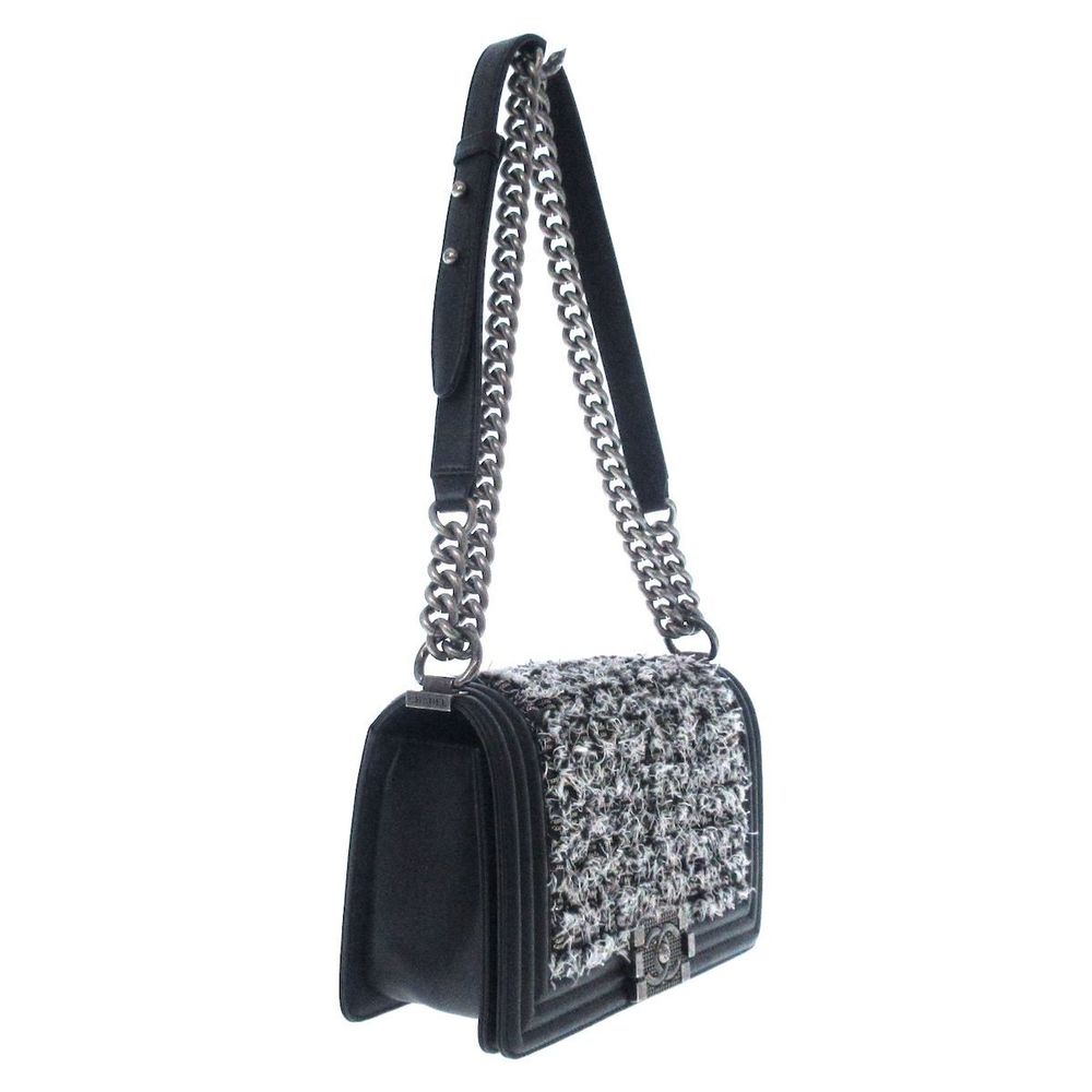 Chanel Shoulder Boy White Bag Calfskin  Black Tweed